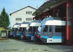 sm Seeland - Triebwagen Be 2/6 501 + 507 + 506 + 505 im Depot in Täuffelen am 19.05.1998  ..