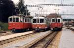 Alte Garde  BDe 4/4  512 + BDe 4/4 6 + BDe 4/4 511 im Depotareal von Tuffelen im Juni 1987