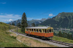 125 Jahre BLM: Der CFe 2/4 11 aus dem Jahr 1913 befindet sich am 13. August 2016 zwischen Grütschalp und Winteregg. Aufgrund seiner geringen Höchstgeschwindigkeit (bergauf ca. 22 km/h, die Strecke erlaubt teilweise 30) wird der Triebwagen nur noch sehr selten eingesetzt.