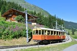125 Jahre BLM - Bergbahn Lauterbrunnen-Mrren: Zur Feier verkehrte am Wochenende der nur noch sehr selten eingesetzte CFe 2/4 Nr. 11, hier bei Einfahrt in Winteregg, 13.08.2016.