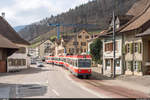 Waldenburgerbahn BDe 4/4 17 und 16 am 3. April 2021 in Oberdorf.<br>
Am 5. April 2021 verkehrt die einzige öffentliche 75-cm-Schmalspurbahn in der Schweiz zum letzten Mal. Danach wird die Strecke während eineinhalb Jahren in Meterspur neu gebaut.