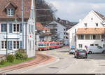 Waldenburgerbahn BDe 4/4 17 und 16 am 3. April 2021 in Oberdorf.<br>
Am 5. April 2021 verkehrt die einzige öffentliche 75-cm-Schmalspurbahn in der Schweiz zum letzten Mal. Danach wird die Strecke während eineinhalb Jahren in Meterspur neu gebaut.