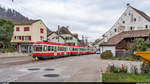 Waldenburgerbahn BDe 4/4 12 und 13 am 3. April 2021 in Oberdorf.<br>
Am 5. April 2021 verkehrt die einzige öffentliche 75-cm-Schmalspurbahn in der Schweiz zum letzten Mal. Danach wird die Strecke während eineinhalb Jahren in Meterspur neu gebaut.