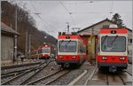 Während im Hintergrund der WB BDe 4/4 16 mit seinem Regionalzug aus Liestal in Waldenburg eintrifft, geniessen im Vordergrund die BDe 4/4 12 und 14 die Wochenendruhe.