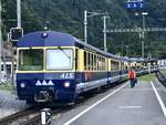 Ausfahrt des Regio nach Lauterbrunnen, der am 29.7.18 anstelle eines 2. GSW denn ABt 415 und B 262 angehängt hat.