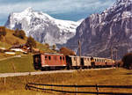 BOB Regionalzug mit HGe 3/3 25 zwischen Grindelwald und Zweilütschinen wie er während den 80er-Jahren noch ab und zu unterwegs war. 
Foto: Walter Ruetsch 