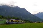 ABt 422 am Zugschluss des R 259 (Interlaken Ost - Zweilütschinen - Grindelwald / R 359 Zweilütschinen - Lauterbrunnen). Dieser Zug wird in Zweilütschinen geteilt der vordere Zugteil verkehrt nach Grindelwald, der Hintere nach Lauterbrunnen. Aufgenommen am 23.7.2015 zwischen Interlaken Ost und Wilderwil.