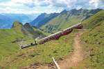 BRB-Dampfzug 3. Generation fährt talwärts und überquert den Wanderweg in der Morgenweid. Im Hintergrund links der Dirrengrind, Brienzersee und rechts der Brienzer Rücken mit dem Tannhorn. Aufnahme vom 17. Juli 2014, 15:49