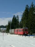 Trotz schwieriger Lichtsituation doch abgedrckt: CJ Bef 4/4 641 (ex RhB ABe 4/4 641) bei Les Creux-des Biches an 16.02.2010