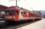 Triebwagen BDe 4/4 614 mit Steuerwagen ABt 714 im Bahnhof von Tavannes im April 1990