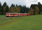 CJ: Verstärkter Regionalzug mit dem BDe 4/4 II 612, ABt 722, ABDt 721, B 752 und dem Gütertriebwagen De 4/4 II 411 auf der Fahrt nach Glovelier am 21.