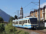 Centovallibahn (FART).
ABe 4/6 52 unterwegs nach Camedo vor der Kulisse der Kirche Tegna am 10. Oktober 2021.
Foto: Walter Ruetsch