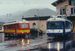 BVB: Regionalzug nach Villars-sur-Ollon mit BDeh 2/4 24 und Tram nach Bévieux mit Be 2/3 16 kurz vor der Abfahrt in Bex im Juli 1999.