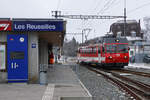 CJ: Testfahrt Tramelan-Les Breuleux-Tramelan vom 19. Februar 2018.
Be 4/4 615 ehemals Frauenfeld-Wil-Bahn anlässlich der Durchfahrt Les Reussilles.
Foto: Walter Ruetsch 