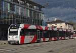 Der von Stadler Rail fr die Frauenfeld-Wil-Bahn gebaute und 2013 in Betrieb gesetzte Triebwagen ABe 4/8 7001 steht am 03.11.2013 abfahrbereit auf dem Bahnhofsvorplatz von Frauenfeld.