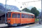 MIB - Bem 4/4 6 am 08.09.1990 in Meiringen - Baujahr 1952 - FUCHS/BBC Mannheim - 240 KW - Gewicht 22,00t - 2.Klasse Sitzpltze 34 - LP 14,85m - zulssige Geschwindigkeit 55 km/h - Lebenslauf: exOEG Oberrheinische Eisenbahn-Gesellschaft 62 - 11/1977 MIB - Umbau zu Bem bei SBB Meiringen - 12/1997a - 11/1998 Umbau zu Bm 4/4 6 - 09/2000 Abbruch.
