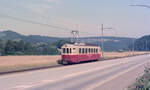 Triebwagen nr 3 der Waldenburgerbahn als Zug 16 (Liestal - Waldenburg) nahe Haltestelle Talhaus bei Bubendorf, 05.08.1975.