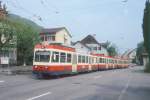 WB Regionalzug 30 von Liestal nach Waldenburg am 08.05.1993 in Oberdorf mit Triebwagen BDe 4/4 13 - Bt 118 - Bt 120.
