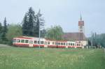 WB Regionalzug 36 von Liestal nach Waldenburg am 09.05.1993 bei Altmarkt mit Triebwagen BDe 4/4 13 - Bt 118 - Bt 120.
