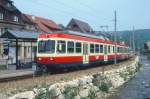 WB Regionalzug 39 von Waldenburg nach Liestal am 08.05.1993 in Niederdorf mit Steuerwagen voraus Bt 116 - Triebwagen BDe 4/4 16. Hinweis: Rckansicht
