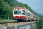 WB Regionalzug 42 von Liestal nach Waldenburg am 08.05.1993 bei Weidbchli mit Triebwagen BDe 4/4 13 - Bt 118 - Bt 120.

