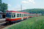 WB Regionalzug 46 von Liestal nach Waldenburg am 09.05.1993 in Altmarkt mit Triebwagen BDe 4/4 17 - Bt 119 - Bt 117.