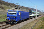 Am 18. März 2020 wurde der neue LEB Triebzug Be 4/8 64 mit der M-Rail Re 456 111 von Sulgen nach Renens überführt. 
Die farbenfrohe Sonderleistung fuhr mir bei Niederbipp und Cressier ins Bild.
Foto: Walter Ruetsch
