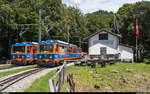 Ferrovia Monte Generoso Bhe 4/8 14  San Gallo  und Bhe 4/8 11  Mendrisio  am 20. Juni 2020 in der Kreuzungsstation Bellavista.
