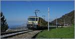 Eine Fahrt mit der MOB bietet, unabhängig der Zugskategorie, herrliche Panoramablicke. Die  GDe 4/4 Saanen in der  Train du Chocolat  Farbgebung mit ihrem MOB Panoramic 2124 von Montreux nach Zweisimmen kurz nach der Haltestelle Sonzier bei der Einfahrt in die 180° Kurve Richtung Chamby. 
3. April 2017