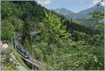 Die MOB Ge 4/4 8004 ist mit ihrem PE 2119 MOB Golden Pass Panoramic auf der 93 Meter langen und 1945 eröffneten Bois de Chenaux Brücke in Richtung Montreux unterwegs.