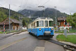 ABDe 8/8 4002 der Montreux-Berner-Oberland-Bahn war am 02.05.2014 als R2225 von Zweisimmen nach Montreux unterwegs. Gerade hat er den Bahnhof von Montbovon verlassen.