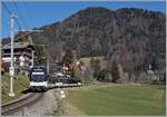 Mit dem CEV MVR ABeh 2/6 7507 an der Spitze ist der Regio R 34 2315 bei Les Avants bei Kilometer 10.3 auf dem Weg nach Montreux. Aufgrund des Ballons Festivals in Châteaux d'Oex startete dieser Zug in Château d'Oex. 

28. Januar 2024