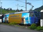 Diese Ge 4/4 mit ihrer Werbung in eigener Sache war am 31.07.08 in der Mitte eines Golden Pass Panoramic Zuges im Bahnhof von Zweisimmen eingereiht. (Jeanny)