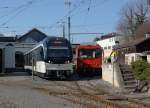 MOB/MVR: Erste Begegnung zwischen dem MVR ABeh 2/6 7504  VEVEY  und der neuen MVR HGem 2/2 2501 in Chernex am 17. März 2016.
Foto: Walter Ruetsch 