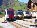 tpf / MOB - Fahrzeugtreff mit ABe 2/4 103 und Steuerwagen Ast 152 und GDe 4/4 6001 im Bahnhof Montbovon  05.05.2016