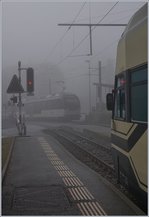 Doch kaum eine Viertelstunde später trübte in Les Avants dicker Nebel die Sicht, und so lässt sich der einfahrende MOB  Alpina  mit seinem Regionalzug 2224 mehr erahnen als sehen.