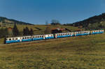 MOB: Regionalzug mit einem ABDe 8/8 4004  Kanton Fribourg  zwischen Schönried und Gruben im März 1983.