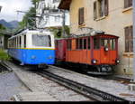 MGN - Oldtimer Zahnrad-Triebwagen Bhe 2/4 204 auf einer Fotoextrafahrt auf den Rochers de Naye für das Bahnforum.ch neben der Zahnrad-Lok HGe 2/2  2 abgestellt neben der Werkstätte in Glion am 25.08.2018