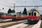 RBS/SZB/SBB: Regionalverkehr Bern-Solothurn:  Grosser Bahnhof Bätterkinden mit verschiedenen Fahrzeugen im Juli 1987.