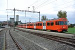 Abschiedsfahrt der zweiteiligen Mandarinli: Im Bild ist der Fotoextrazug, bestehend aus den Be 4/8 42, 45 und 43, bei Einfahrt in Lohn-Lterkofen. Das Foto wurde neben dem ehem. Zuckerrbenverladegleis aufgenommen, 14.10.2012.
 
