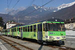 TPC/AL: TPC/ASD: Ein sehr schöner Anblick. Ab Aigle, dem Schmalspurparadies der Westschweiz, verkehren nun nur noch Züge mit dem neuen grünen Anstrich.
AL 363, 313, 362 und 361 in Aigle vereint am 9. Februar 2018.
Foto: Walter Ruetsch
