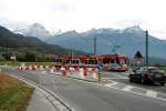 Bevor ich das Chablais wieder verlasse, wollte ich noch zwei Fotos vom Kreisverkehr bei Ollon machen, der von den Zgen der TPC fast diagonal gekreuzt wird. Hier der Beh 4/8 592 als R 48 auf der Fahrt von Aigle nach Champry; 01.11.2013