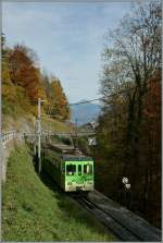 Der Talwrts fahrende AOMC Zug 41 klinkt sich nach der Abfahrt in Champry in den ersten Zahnstangenabschnitt ein, welcher den Zug bis La Cour (Val-d'Illiez) hinunter fhrt.
25. Oktober. 2013
