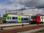 Einweihung der neuen Stadler Niederflurzwischenwagen der TPF Transport publics fribourgeoise ( Freiburgische Verkehrsbetriebe ) in Murten am 31.