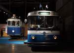 TPF/TF: Tram Ce 2/2 no 1 aus dem Jahre 1897 und der SAURER Trolleybus no 34 (1964) an der Messe Freiburg ausgestellt am 10.