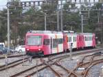 travys ( YSteC ) - Steuerwagen Bt 55 und Triebwagen Be 4/4 1 mit Steuerwagen Bt 51 in Yverdon am 18.02.2016