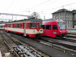 travys - Be 4/4 15 und Be 2/6 2001 im Bahnhofsareal in Yverdon les Bains am 28.03.2016