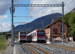 TRAVYS/YStC: Zugskreuzung auf der neu gestalteten Bahnstation Vuiteboeuf am 20. Oktober 2016.
Foto: Walter Ruetsch