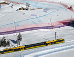 Die Wengernalpbahn von Lauterbrunnen - Wengen fährt bergwärts nach Wengernalp - Kleine Scheidegg, während im Hintergrund ein Skirennfahrer im Canadian Corner talwärts braust. Wengernalp, 11.1.2024