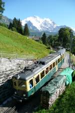 WAB Wengwald Jungfrau Pendelzug 116. Wengernalpbahn Zahnradbahn Pendelzug 116 vor Tunnel bei Halt auf Verlangen Wengwald nahe Wengen. Jungfrau. Linie Lauterbrunnen-Kleine Scheidegg
